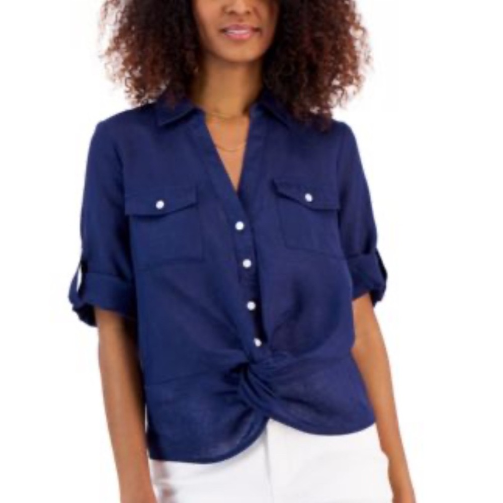I.N.C International Concepts Linen Blouse with Twist Tie